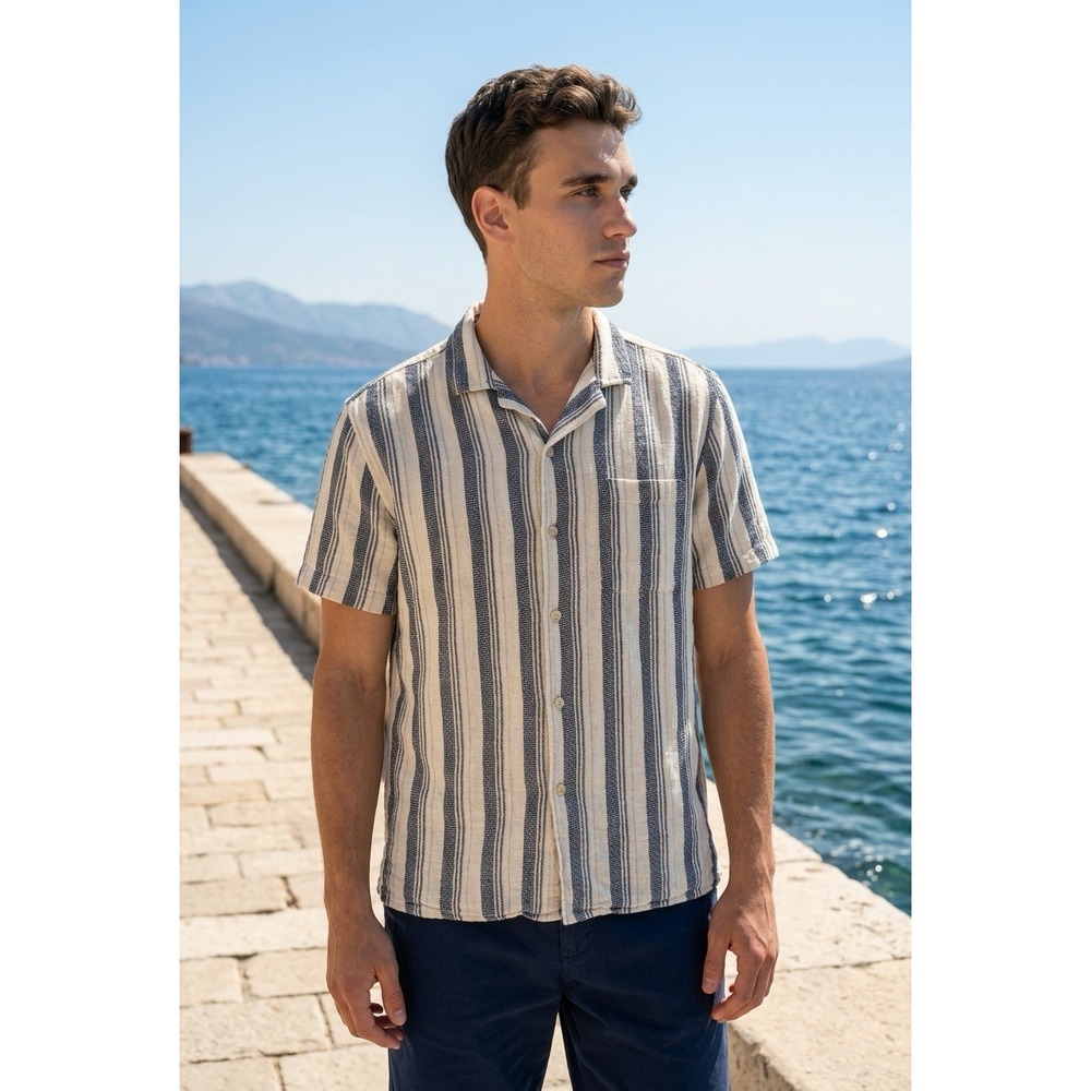 Goodfellow‎ & Co Mens Linen Cotton Striped Short Sleeve Camp Shirt Navy Cream Lg